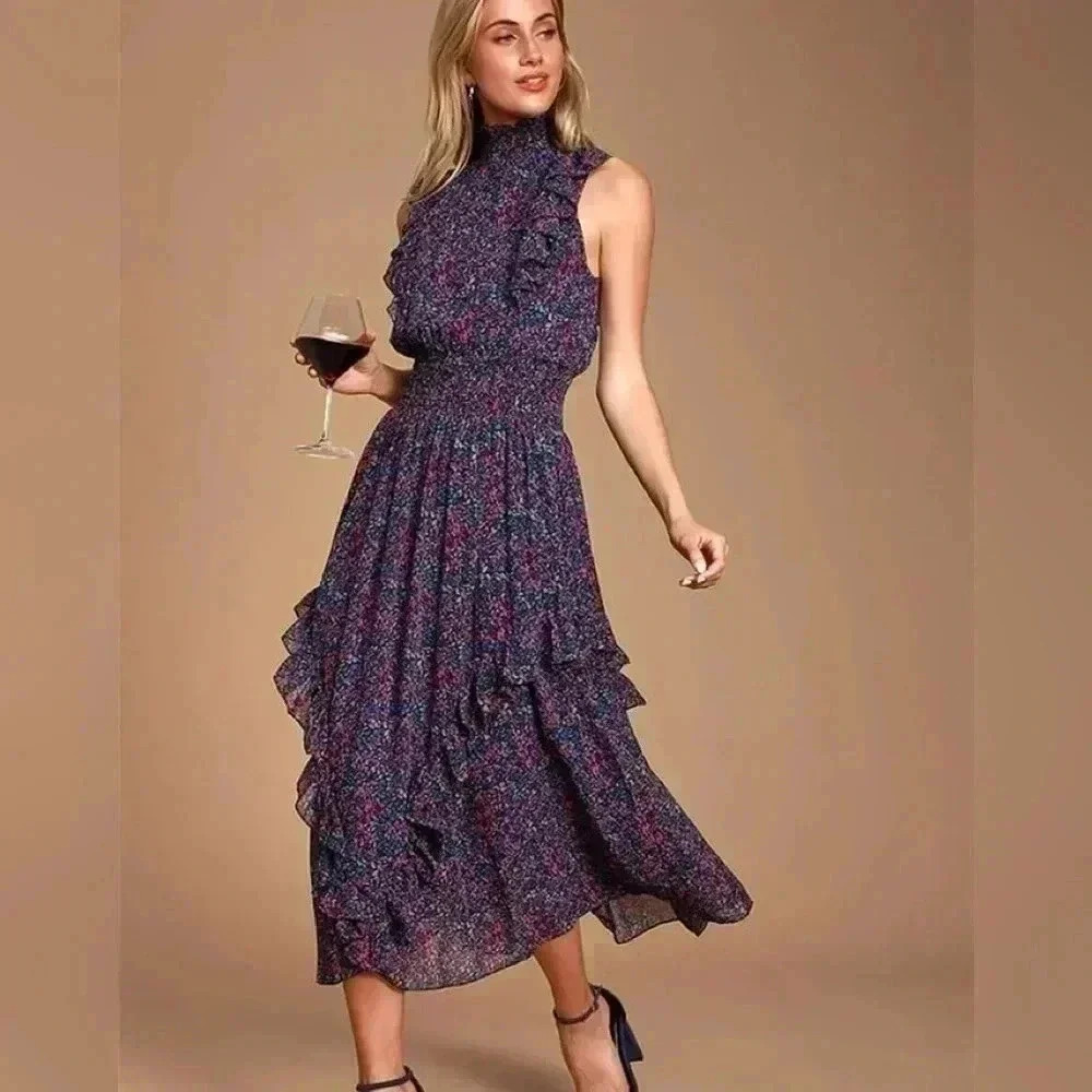 Lulus Blue Floral Mock Neck Midi